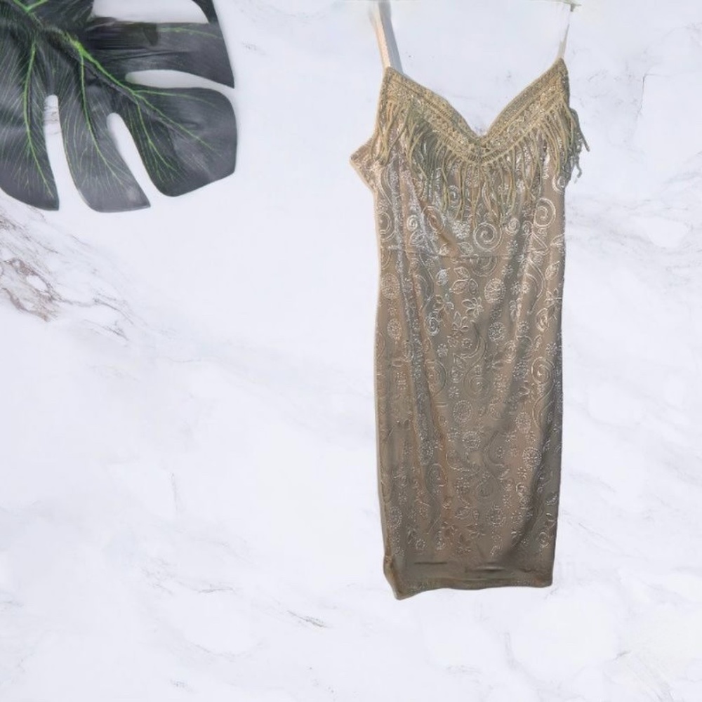 Beige Tan Embroidered Velvet Spaghetti Bodycon Midi Dress Size Medium